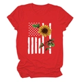 Detail of red crew neck t-shirt featuring sunflower and American flag vintage print - Red