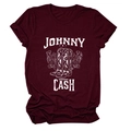 Detail of burgundy Johnny Cash t-shirt with retro floral boots print on cotton fabric - S / Wine Red (White Text)