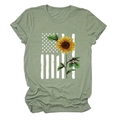 Detail of sunflower American flag print on sage green cotton crewneck t-shirt - S / Tops / Olive Green