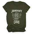 Close-up of Johnny Cash graphic on olive t-shirt with floral boots and vintage text - S / Army Green (White Text)