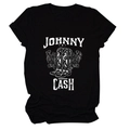Close-up of Johnny Cash graphics with cowboy boots and flowers on a black cotton T-shirt - S / Black (White Text)