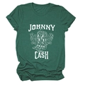 Detail of Johnny Cash graphic with floral boots on a dark green cotton t-shirt - S / Retro Green (White Text)