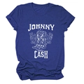 Close-up of Johnny Cash floral cowboy boots graphic on a navy vintage t-shirt - S / Retro Blue (White Text)