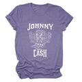 Detail of Johnny Cash graphic on purple t-shirt showing floral boots and star print - S / Purple (White Text)