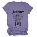 Close-up of Johnny Cash graphic print with floral boots on a purple heather T-shirt - S / Purple (Black Text)