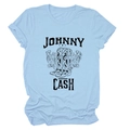 Detail of Johnny Cash floral boots graphic print on sky blue crew neck cotton T-shirt - S / Light Blue (Black Text)