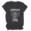 Detail of Johnny Cash graphic print with floral cowboy boots on a dark gray cotton T-shirt - S / Heather Charcoal (White Text)