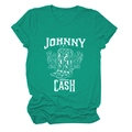 Detail of Johnny Cash graphic print with floral cowboy boots on a green t-shirt - S / Ink Green (White Text)