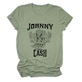 Detail of Johnny Cash graphic print on sage green cotton t-shirt with floral boots - S / Olive Green (Black Text)