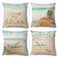 Set di quattro federe in lino con motivi costieri e scritte Time to Relax sulla spiaggia - Tema Relax Spiaggia Oceano (Stile-2)