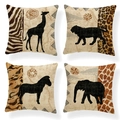 Set di 4 federe in lino con sagome di animali africani e stampe animalier decorative - Silhouette Animali Selvatici Africani (Stile-3)