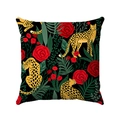 Funda de cojín cuadrada con estampado de leopardo y flores sobre tela negra - Estilo Leopardo Negro Rosa Roja-3