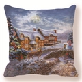 Detail of square pillowcase featuring a vintage snowy winter oil painting scene - Snowy Night European Cottage Style (款式-6)