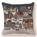 Close-up of Christmas peach skin cushion showing a vintage winter village illustration - Christmas Gift Shop Style (款式-8)