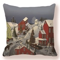Detail of Christmas pillow cover with folk art winter village scene and snowy red cabin - Village Christmas Tree Style (款式-9)