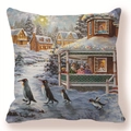 Detail of penguin winter landscape print on soft peach skin fabric sofa cushion cover - Penguin Snowy Cabin Style (款式-10)