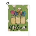 Garden welcome flag featuring mason jars with flowers and black metal hook stand - Style-8 (Polka Dot Mason Jar Flower Arrangement) / 30x45cm