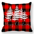 Detail van rood en zwart geruite kerstkussenhoes met witte boom-silhouetten - Rood Zwart Geruit Drie Bomen (Stijl-1)