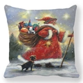 Detalle de funda navideña con Papá Noel y perros en un bosque nevado al óleo - Papá Noel Con Perros De Regalo (Estilo-4)
