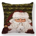 Dettaglio della federa in pelle di pesco con stampa di Babbo Natale in stile pittura a olio - Babbo Natale Che Fa Segno Di Silenzio Con Foglie Di Agrifoglio (Stile-6)
