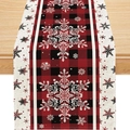 Détail d'un chemin de table de Noël en lin avec motif écossais rouge noir et des flocons - Style Flocon Blanc Carreaux Buffalo / 183x33cm