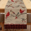Détail du chemin de table de Noël avec motif oiseaux sur lin et carreaux buffalo - Style Oiseau Cardinal Baies Carreaux / 183x33cm