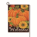 Dettaglio della bandiera da giardino in lino bifacciale con zucche e girasoli - 45cmx30cm / Stile Zucca Girasole (1)