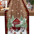 Runner da tavola natalizio in lino con camion rosso e pupazzo di neve in stile scozzese - Stile Camion Rosso Pupazzo di Neve Venatura del Legno / 183x33cm