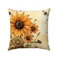 Detailed view of sunflower and bee hand-drawn illustration on soft square pillowcase - 45x45cm / Pastoral Sunflower and Bee Illustration (Style 5)