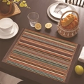 Dettaglio della tovaglietta in lino bohémien con motivi geometrici su tavolo in legno - Motivo Vegetale Caramello (Stile-5) / 30x45cm