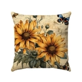 Vintage sunflower pillowcase featuring butterflies and script on linen texture fabric - 45x45cm / Vintage Botanical Floral Handwritten Background (Style 6)