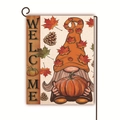 Bandiera da giardino autunnale con gnomo e zucca e scritta Welcome su lino - 45cmx30cm / Stile Benvenuto Gnomo con Zucca (7)