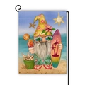 Double-sided linen garden flag with summer beach gnome holding a surfboard and cocktail - Beach Surfing Gnome / 45*30cm