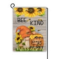 Garden flag with Bee Kind sunflower gnome design and black metal L-shaped stand - Gnome Sunflower Bee Kind / 45*30cm