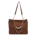 Grande borsa tote marrone scuro con stampa leopardata, catena dorata e ciondoli di perle - Marrone