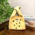 Japanese style yellow canvas knot bag with cartoon embroidery and blue checkered lining - Yellow