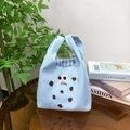 Cute light blue canvas tote bag with cartoon embroidery and brown polka dots - Blue