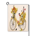 Double-sided linen garden flag featuring a yellow bike and sunflowers on a black stand - Vintage Floral Bicycle / 45*30cm