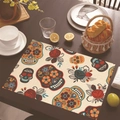 Mexican Day of the Dead sugar skull linen placemat with red roses on dark wood table - 30cm x 45cm