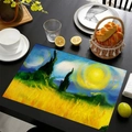 Mexican linen style placemat with Van Gogh wheat field art print for dining table decor - Van Gogh Art Style