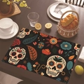 Mexican Day of the Dead linen placemat with sugar skull and colorful floral motifs - 30cm x 45cm