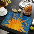 Linen placemat with Mexican sun pattern and oil painting texture on navy background - Oil Painting Texture Sun