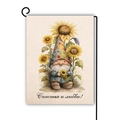 Double-sided linen garden flag featuring a gnome holding sunflowers with Russian text - Sunflower Gnome Love / 45*30cm