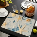 Linnen placemat met blauw oceaanthema en realistische print van zeesterren en schelpen - Linnen / Stijl-3 (Blauwe Artistieke Vlek Zeester)