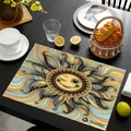Linen placemat with Mexican sun pattern and winking face on dark wooden table - Playful Expression Sun