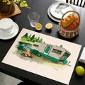 Dettaglio della tovaglietta in lino con stampa campeggio su tavolo in legno scuro - Stile Foresta Camper Accogliente / 45*30cm