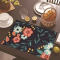 Mexican style linen placemat with colorful floral print on black background - Vintage Pastoral Flowers / 30cm x 45cm