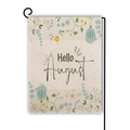 Detail view of the floral garden flag fabric with Hello August text on a black metal pole - Hello August Style (Style--6) / 45*30cm