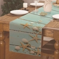 Chemin de table en lin avec motifs d'étoiles de mer et coquillages fond turquoise - 33*183cm / Bois Teal Océan Réaliste (Style--10)