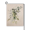 Detail of eucalyptus linen garden flag with watercolor leaves and black metal stand - Watercolor Botanical Mix Style (Style--7)